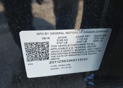 2019 Chevrolet Impala Lt z USA, uszkodzony, nr VIN 2G11Z5S33K9115191